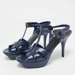 Pre Owned Saint Laurent Navy Blue Patent Leather Tribute Platform Sandals Size 40