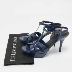 Pre Owned Saint Laurent Navy Blue Patent Leather Tribute Platform Sandals Size 40