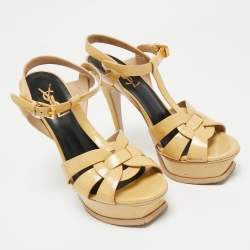 Pre Owned Saint Laurent Beige Patent Leather Platform Sandals Size 36