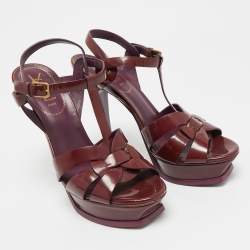 Pre Owned Saint Laurent Burgundy Patent Leather Platform Sandals Size 39.5