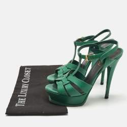Pre Owned Saint Laurent Green Leather Tribute Platform Sandals Size 36.5