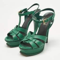 Pre Owned Saint Laurent Green Leather Tribute Platform Sandals Size 36.5