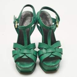 Pre Owned Saint Laurent Green Leather Tribute Platform Sandals Size 36.5