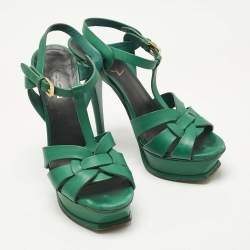 Pre Owned Saint Laurent Green Leather Tribute Platform Sandals Size 36.5