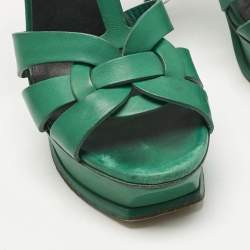 Pre Owned Saint Laurent Green Leather Tribute Platform Sandals Size 36.5