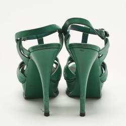 Pre Owned Saint Laurent Green Leather Tribute Platform Sandals Size 36.5