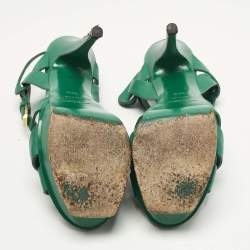 Pre Owned Saint Laurent Green Leather Tribute Platform Sandals Size 36.5