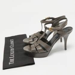Pre Owned Saint Laurent  Grey Leather Ankle Strap Sandals Size 40