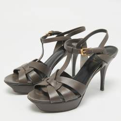 Pre Owned Saint Laurent  Grey Leather Ankle Strap Sandals Size 40