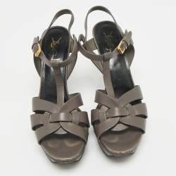 Pre Owned Saint Laurent  Grey Leather Ankle Strap Sandals Size 40