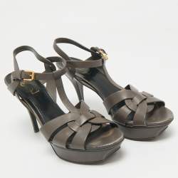 Pre Owned Saint Laurent  Grey Leather Ankle Strap Sandals Size 40