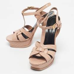 Pre Owned Saint Laurent Pink Lizard Embossed Leather Tribute Platform Sandals Size 38