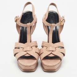 Pre Owned Saint Laurent Pink Lizard Embossed Leather Tribute Platform Sandals Size 38