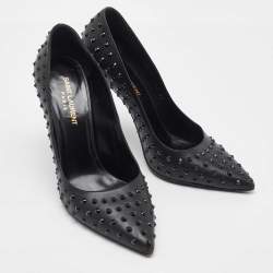 Pre Owned Saint Laurent Black Leather Studded Pointed Toe Pumps Size 38