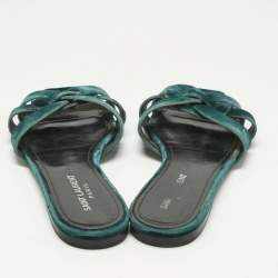 Pre Owned Saint Laurent Paris Green Velvet Tribute Flat Slide Size 38.5