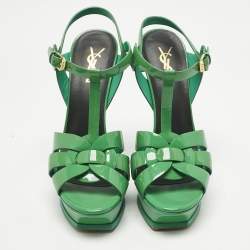 Pre Owned Saint Laurent Green Patent Leather Tribute Platform Sandals Size 39