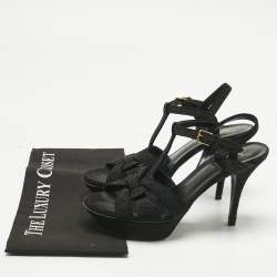 Pre Owned Saint Laurent Black Metallic Embossed Suede Tribute Platform Sandals Size 39