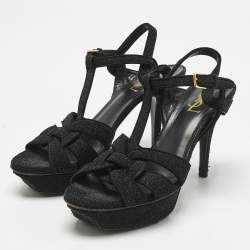 Pre Owned Saint Laurent Black Metallic Embossed Suede Tribute Platform Sandals Size 39