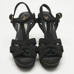 Pre Owned Saint Laurent Black Metallic Embossed Suede Tribute Platform Sandals Size 39