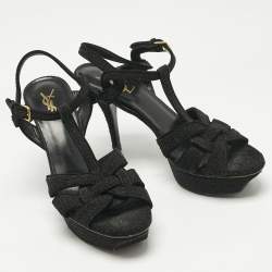 Pre Owned Saint Laurent Black Metallic Embossed Suede Tribute Platform Sandals Size 39