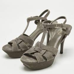 Pre Owned Saint Laurent Taupe Grey Metallic Embossed Suede Tribute Platform Sandals Size 39.5