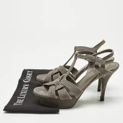 Pre Owned Saint Laurent Taupe Grey Metallic Embossed Suede Tribute Platform Sandals Size 39.5