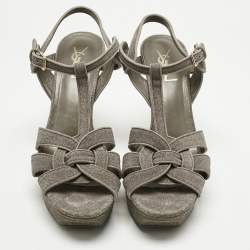 Pre Owned Saint Laurent Taupe Grey Metallic Embossed Suede Tribute Platform Sandals Size 39.5