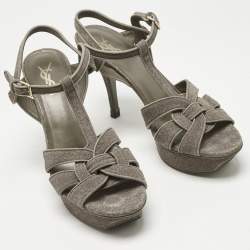 Pre Owned Saint Laurent Taupe Grey Metallic Embossed Suede Tribute Platform Sandals Size 39.5
