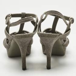 Pre Owned Saint Laurent Taupe Grey Metallic Embossed Suede Tribute Platform Sandals Size 39.5