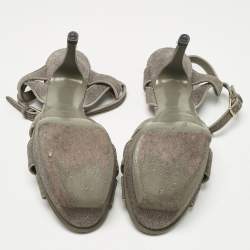 Pre Owned Saint Laurent Taupe Grey Metallic Embossed Suede Tribute Platform Sandals Size 39.5