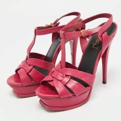 Pre Owned Saint Laurent Purple Leather Ankle Strap Sandals Size 37.5