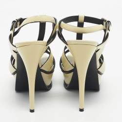 Pre Owned Saint Laurent Cream Patent Leather Tribute Platform Sandals Size 37.5