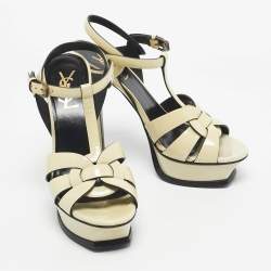Pre Owned Saint Laurent Cream Patent Leather Tribute Platform Sandals Size 37.5