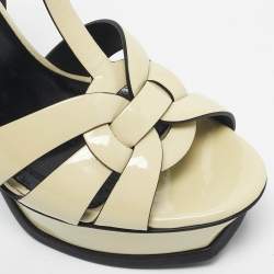 Pre Owned Saint Laurent Cream Patent Leather Tribute Platform Sandals Size 37.5