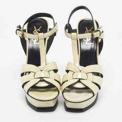 Pre Owned Saint Laurent Cream Patent Leather Tribute Platform Sandals Size 37.5