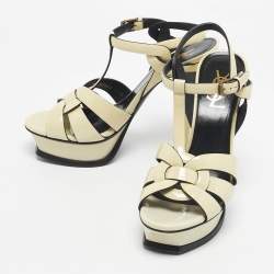 Pre Owned Saint Laurent Cream Patent Leather Tribute Platform Sandals Size 37.5