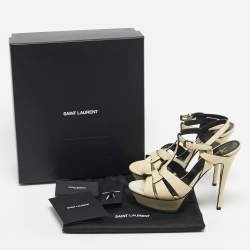 Pre Owned Saint Laurent Cream Patent Leather Tribute Platform Sandals Size 37.5
