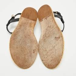 Pre Owned Saint Laurent Black/Beige Leather and Raffia Cassandra Thong Sandals Size 37