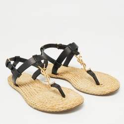 Pre Owned Saint Laurent Black/Beige Leather and Raffia Cassandra Thong Sandals Size 37