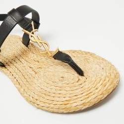 Pre Owned Saint Laurent Black/Beige Leather and Raffia Cassandra Thong Sandals Size 37
