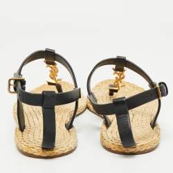 Pre Owned Saint Laurent Black/Beige Leather and Raffia Cassandra Thong Sandals Size 37