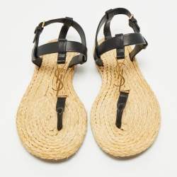 Pre Owned Saint Laurent Black/Beige Leather and Raffia Cassandra Thong Sandals Size 37