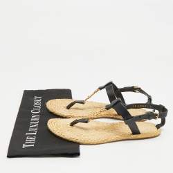 Pre Owned Saint Laurent Black/Beige Leather and Raffia Cassandra Thong Sandals Size 37
