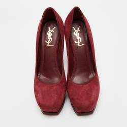 Pre Owned Saint Laurent Burgundy Suede Tribtoo Platform Pumps Size 39