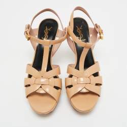 Pre Owned Saint Laurent Beige Patent Leather Tribute Platform Sandals Size 39