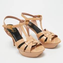 Pre Owned Saint Laurent Beige Patent Leather Tribute Platform Sandals Size 39