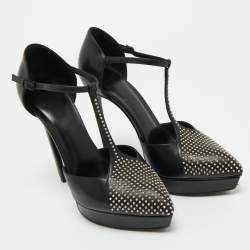 Pre Owned Saint Laurent Black Leather Studded T-Bar Janis Platform Pumps 36.5