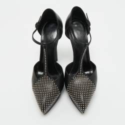 Pre Owned Saint Laurent Black Leather Studded T-Bar Janis Platform Pumps 36.5