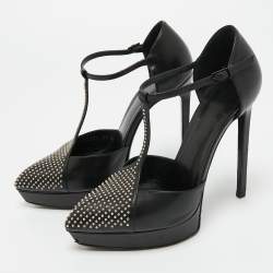 Pre Owned Saint Laurent Black Leather Studded T-Bar Janis Platform Pumps 36.5