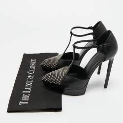 Pre Owned Saint Laurent Black Leather Studded T-Bar Janis Platform Pumps 36.5
